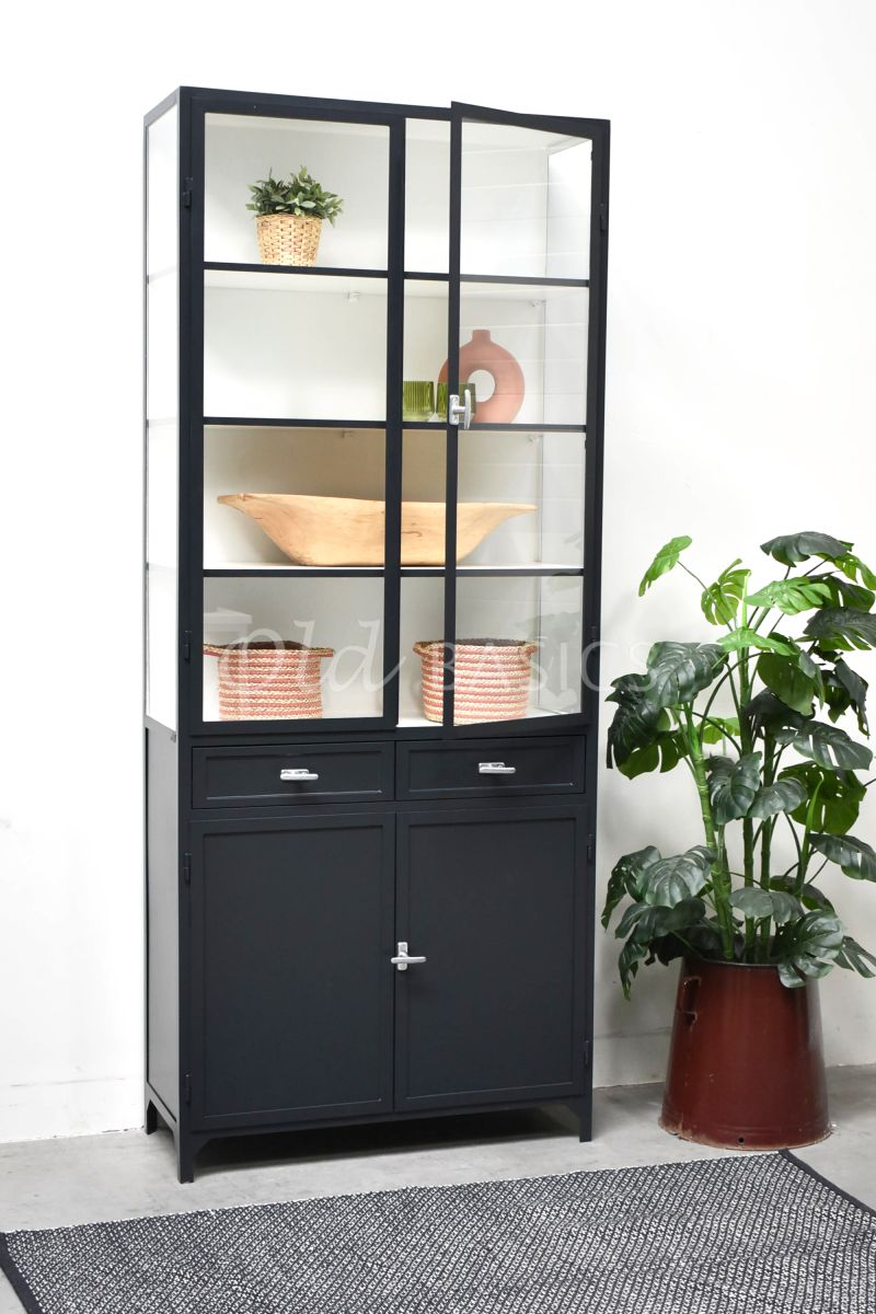 Detail van Apothekerskast Ferro, 2 deuren, RAL7021, zwart, grijs, materiaal staal